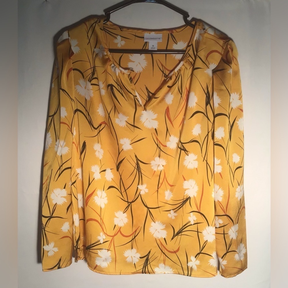 LIZ Claiborne blouse dandelion print top yellow black white loose fit Size Med - Picture 2 of 9